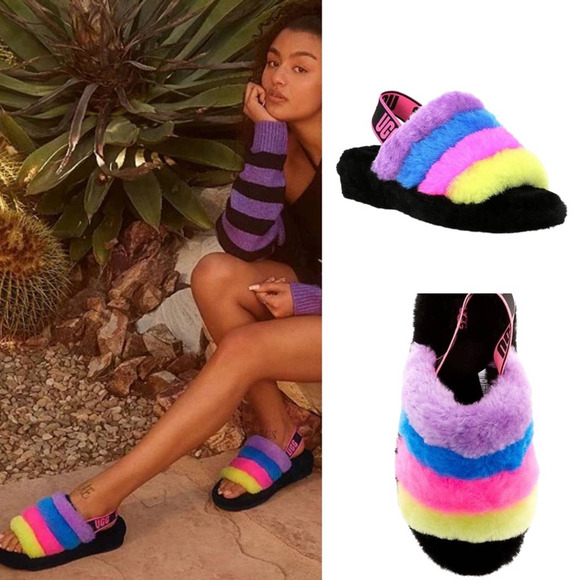 UGG Shoes - UGG NWOB Fluff Yeah Multicolor Fur Slide Slippers Sandals Sheepskin Lining 9